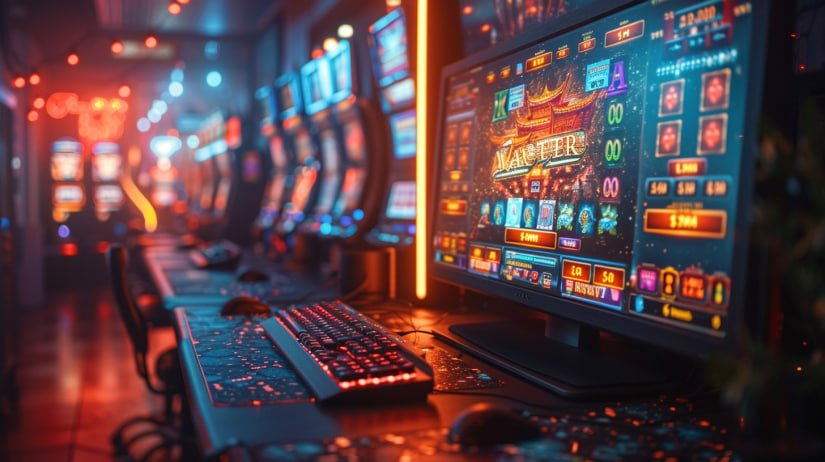 Pemandangan dinamis permainan taruhan dengan latar ungu neon dan layar mobile